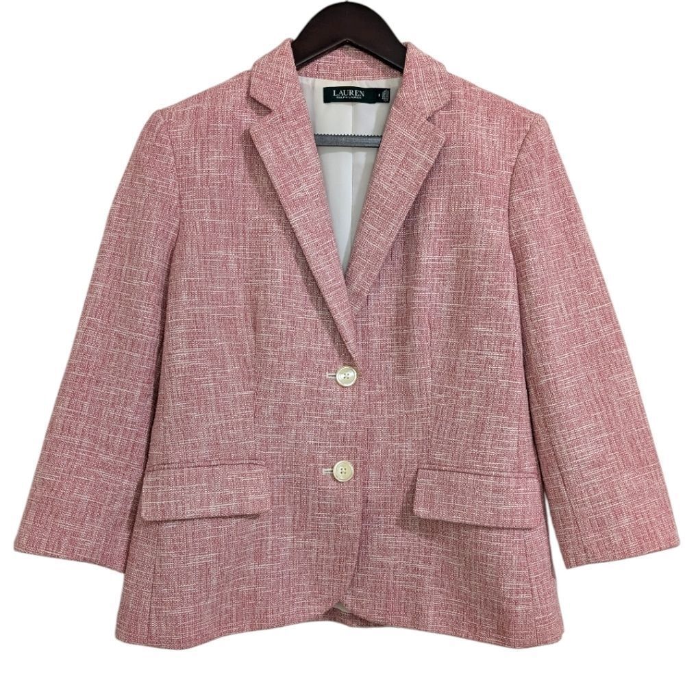 Lauren Ralph Lauren Pink Tweed Textured Shrunken Blazer 3/4 Sleeves - Size 8